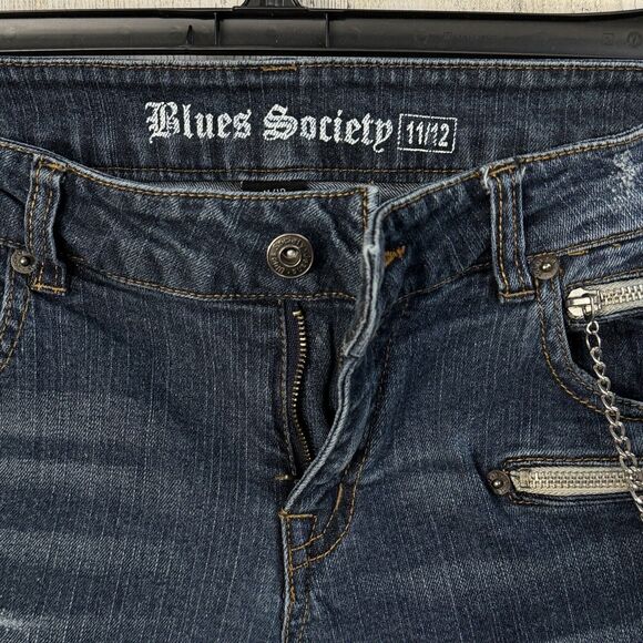 Blues Society JRS SZ 11/12 Jeans Low-Rise Distressed Zip Ankles Chain Dark Wash - Picture 10 of 12